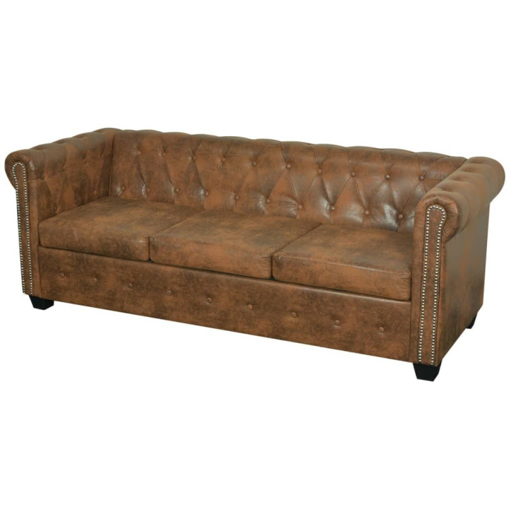 Chesterfield trivietė sofa, dirbtinė oda, ruda