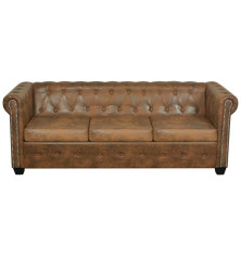 Chesterfield trivietė sofa, dirbtinė oda, ruda