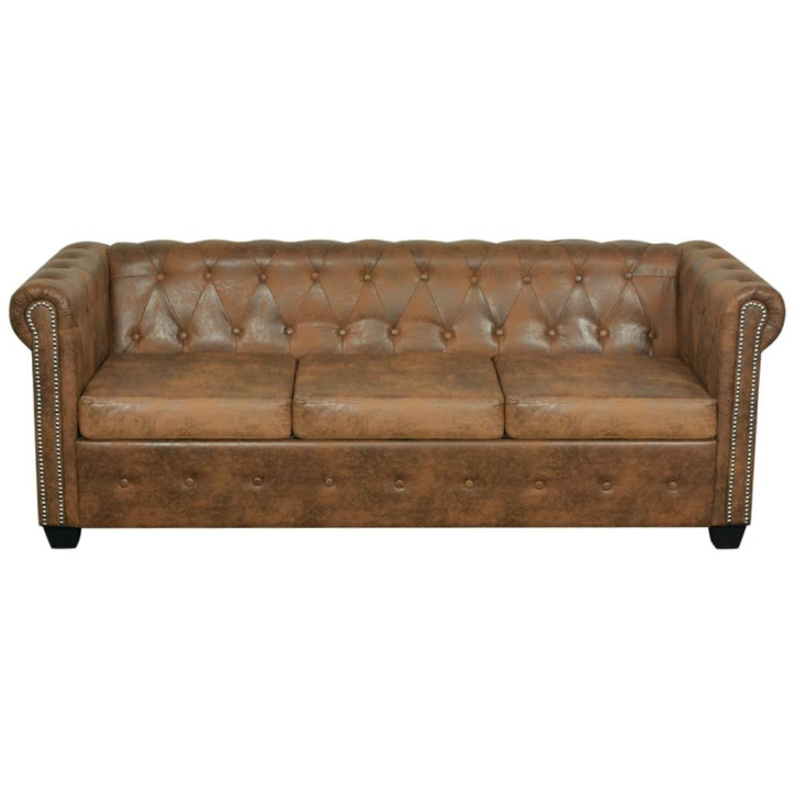 Chesterfield trivietė sofa, dirbtinė oda, ruda