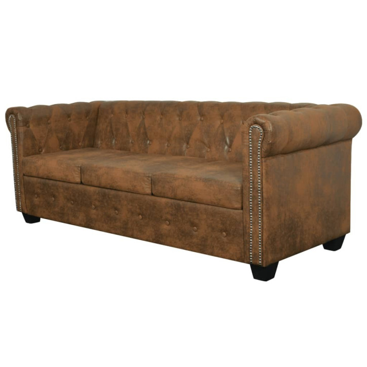 Chesterfield trivietė sofa, dirbtinė oda, ruda