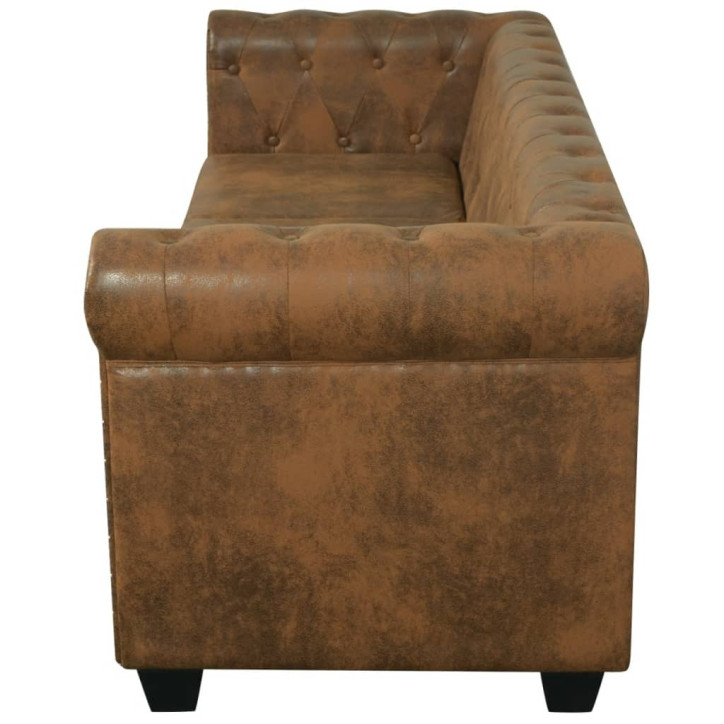 Chesterfield trivietė sofa, dirbtinė oda, ruda