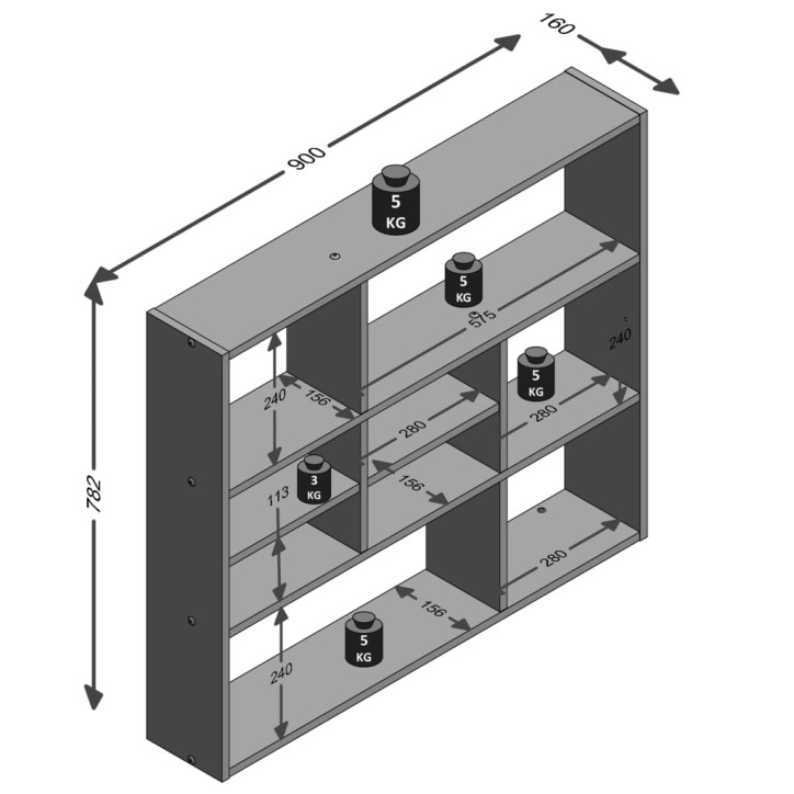 FMD Prie sienos montuojama lentyna su 9 skyriais, ąžuolo spalvos