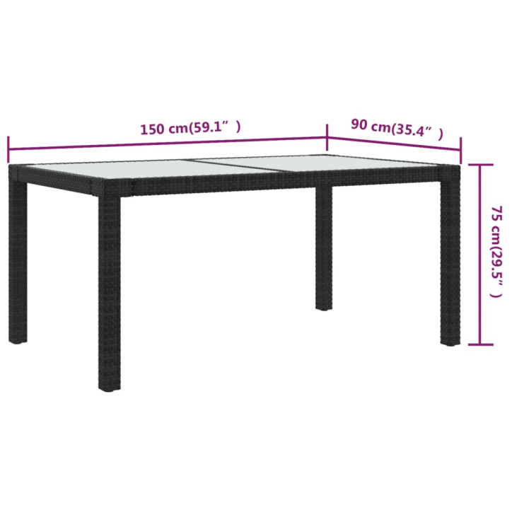 Sodo stalas, juodas, 150x90x75cm, grūdintas stiklas/poliratanas