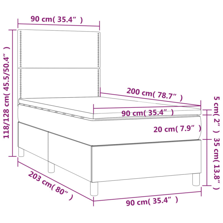 Lova su spyruoklėmis/čiužiniu/LED, balta, 90x200cm dirbtinė oda