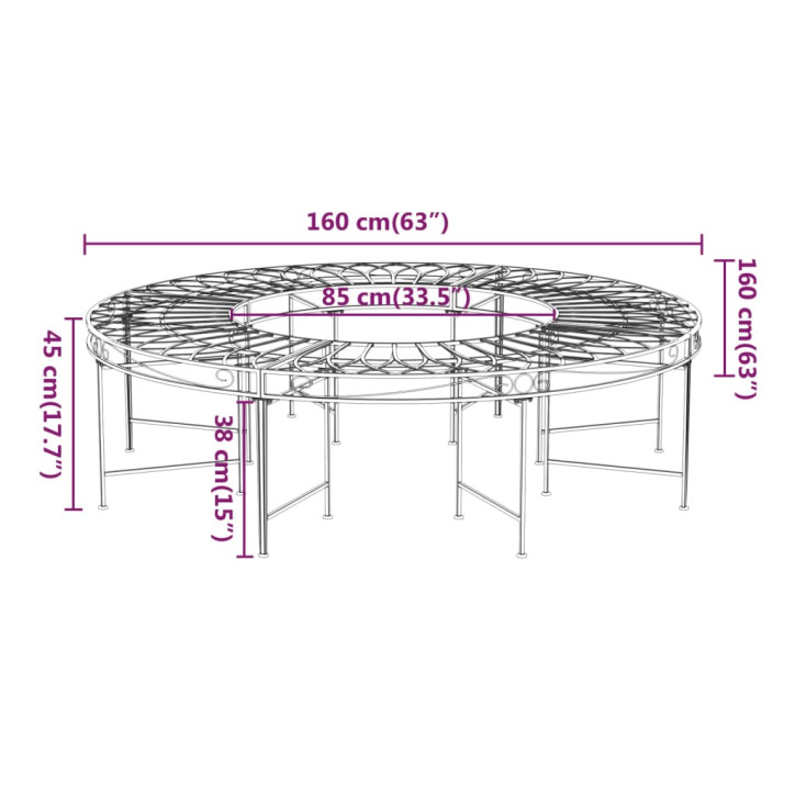 Apvalus suoliukas aplink medį, juodas, 160cm skersmens, plienas