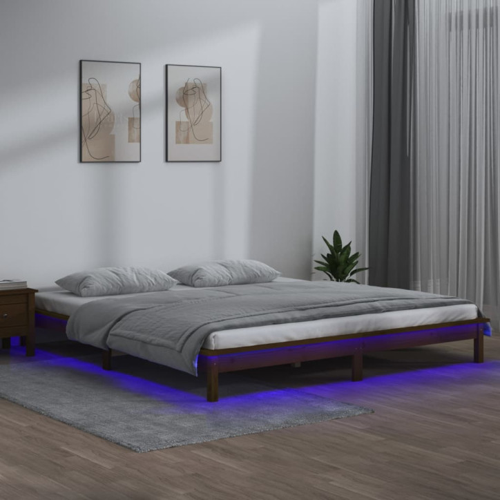 Lovos rėmas su LED, medaus rudas, 140x190cm, medienos masyvas