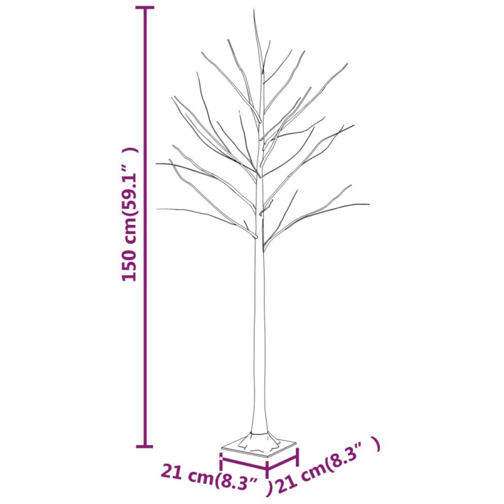 Beržas su 72 šiltomis baltomis LED lemputėmis, 150cm, baltas