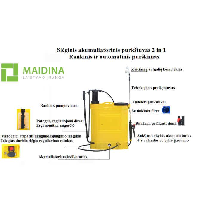 Akumuliatorinis slėginis purkštuvas 20L MAIDINA 2 in 1