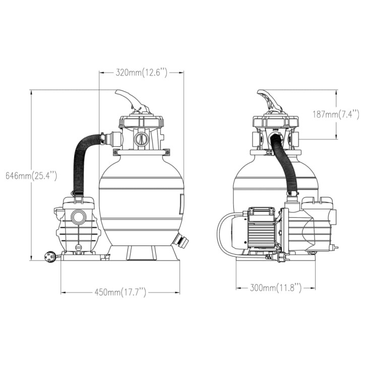 Baseino smėlio filtras su 6 krypčių vožtuvu, juodos spalvos
