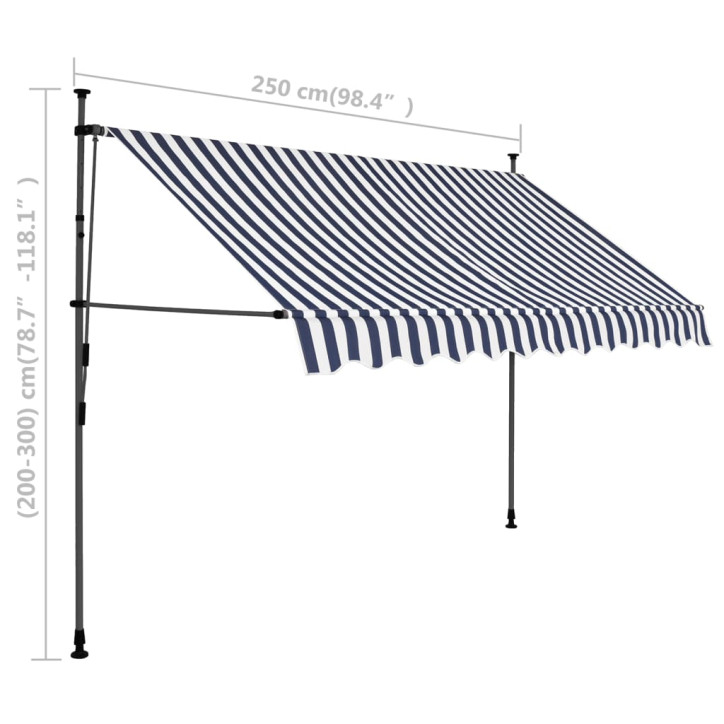 Rankinė ištraukiama markizė su LED, mėlyna ir balta, 250cm