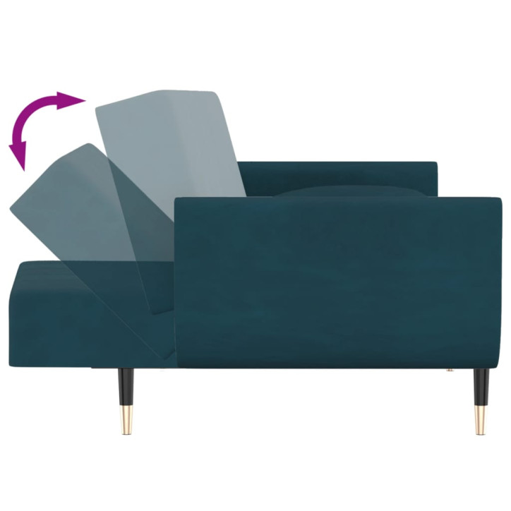 Dvivietė sofa-lova su dvejomis pagalvėmis, mėlyna, aksomas