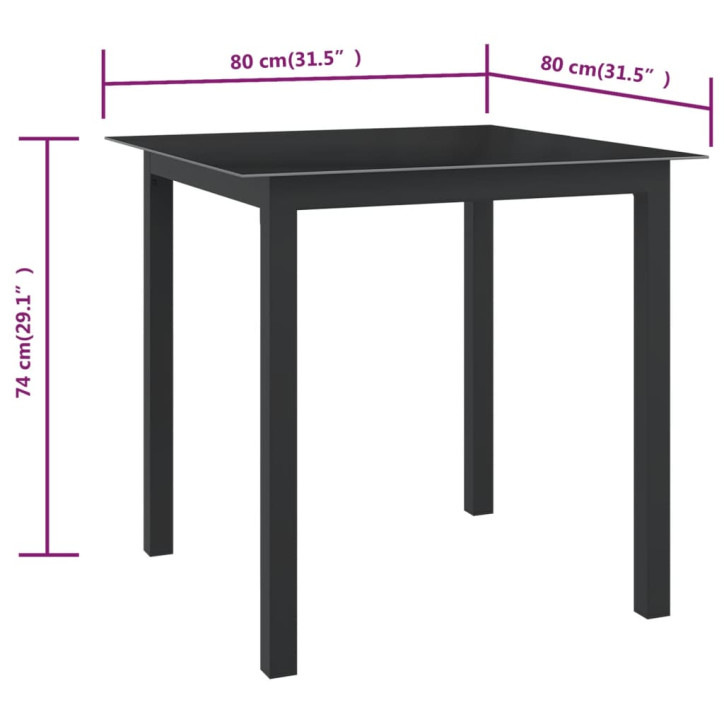 Sodo stalas, juodas, 80x80x74cm, aliuminis ir stiklas