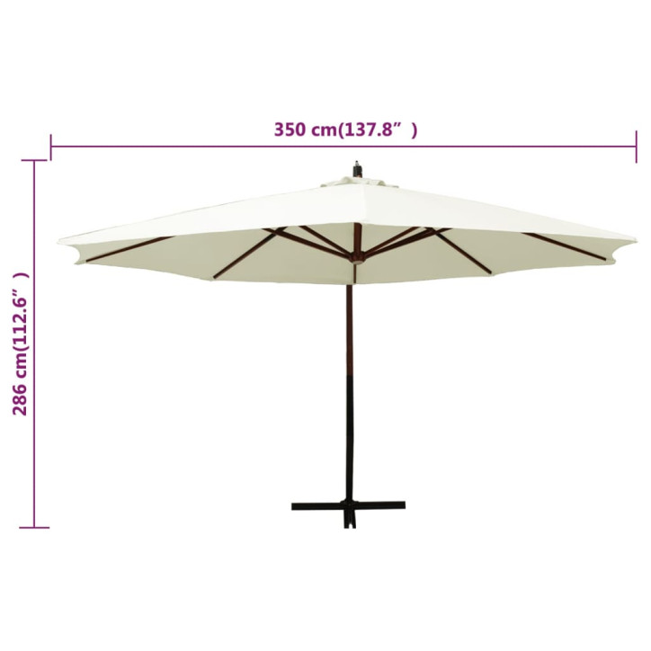 Pakabinamas skėtis su mediniu stulpu, smėlio ir baltas, 350cm