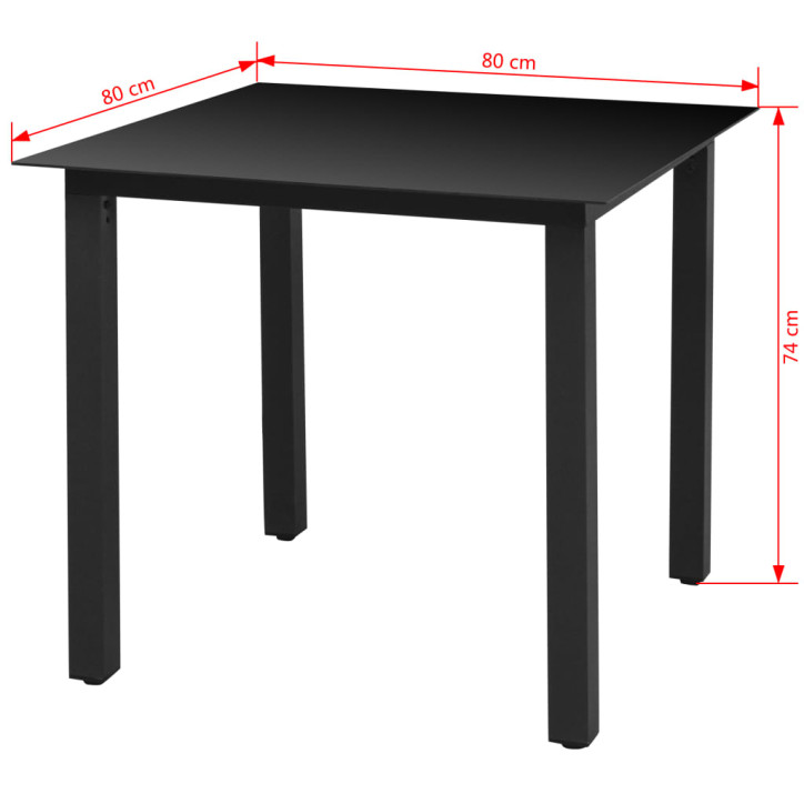 Sodo stalas, juodas, 80x80x74cm, aliuminis ir stiklas