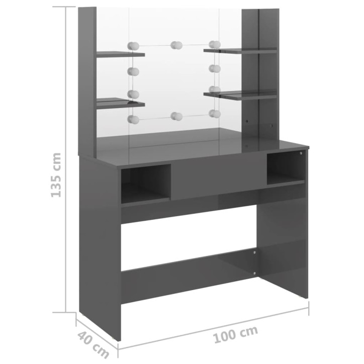 Kosmetinis staliukas su LED, blizgus pilkas, 100x40x135cm, MDF