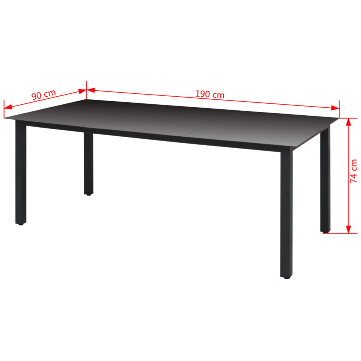 Sodo stalas, juodas, 190x90x74cm, aliuminis ir stiklas