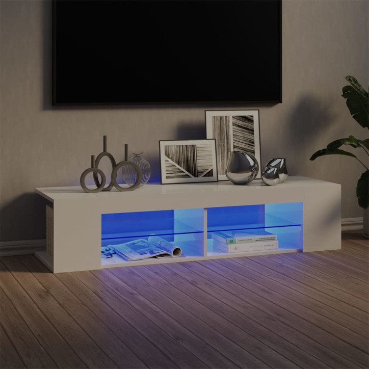 Televizoriaus spintelė su LED, balta, 135x39x30cm, blizgi