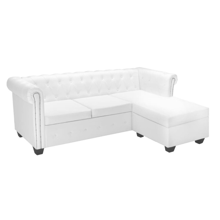 L-formos Chesterfield sofa, dirbtinė oda, balta