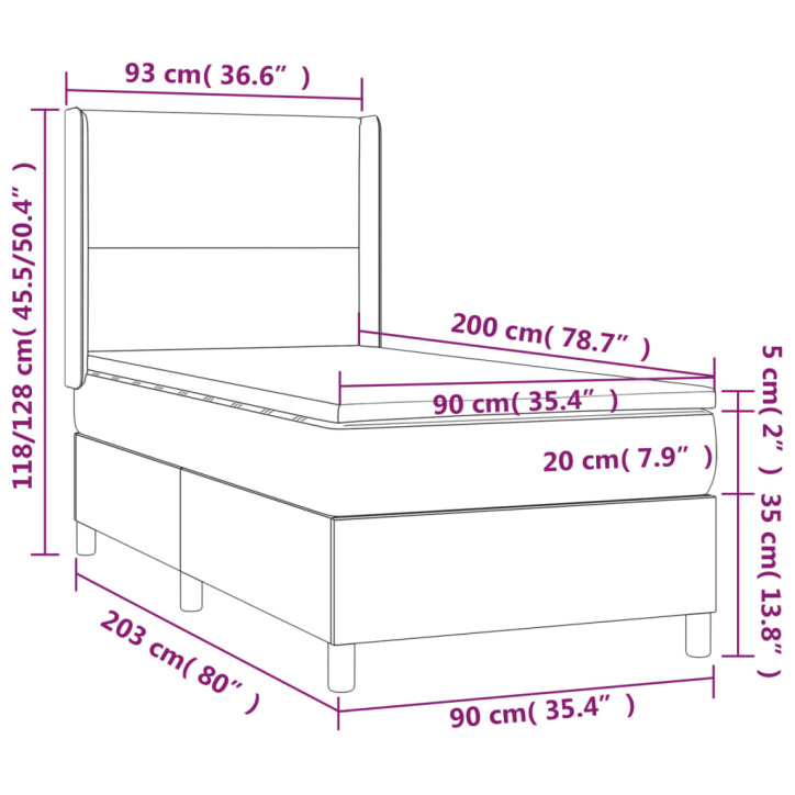 Lova su spyruoklėmis/čiužiniu/LED, juoda, 90x200cm dirbtinė oda