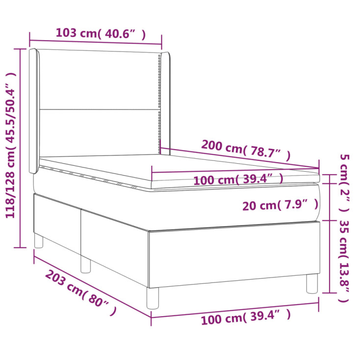 Lova su spyruoklėmis/čiužiniu/LED, pilka 100x200cm dirbtinė oda