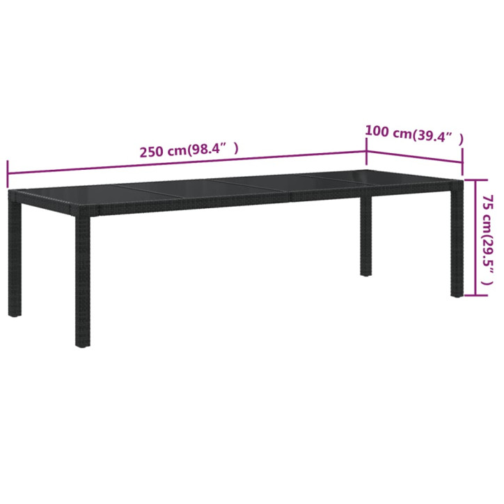 Sodo stalas, juodas, 250x100x75cm, stiklas ir poliratanas