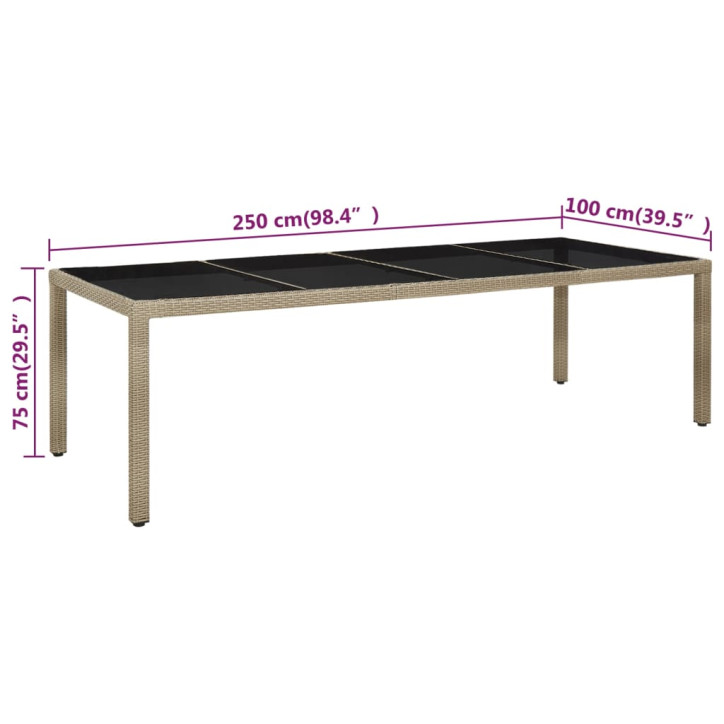 Sodo stalas, smėlio spalvos, 250x100x75cm, stiklas/poliratanas