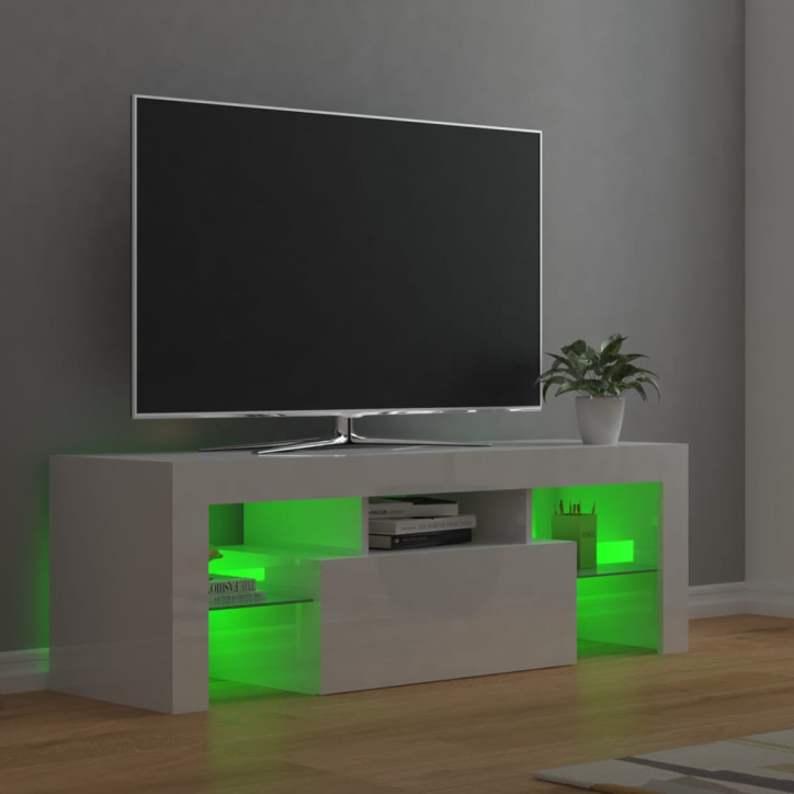 TV spintelė su LED apšvietimu, balta, 120x35x40cm, blizgi