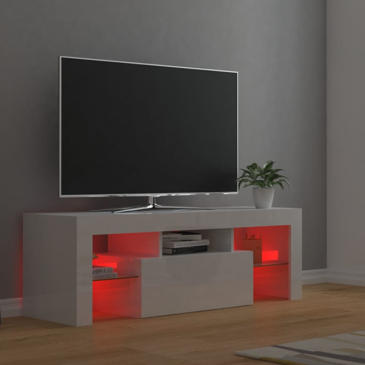 TV spintelė su LED apšvietimu, balta, 120x35x40cm, blizgi