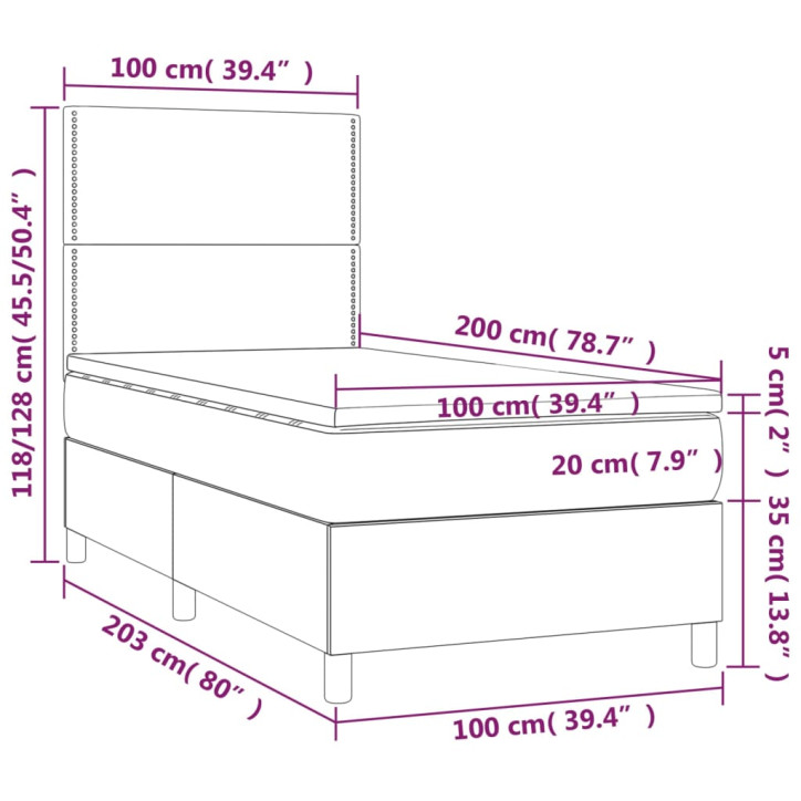 Lova su spyruoklėmis/čiužiniu/LED, pilka 100x200cm dirbtinė oda