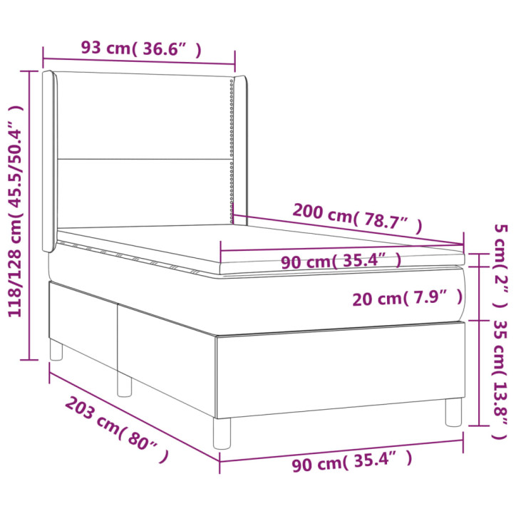 Lova su spyruoklėmis/čiužiniu/LED, juoda, 90x200cm dirbtinė oda