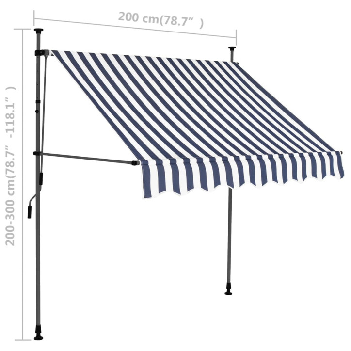 Rankinė ištraukiama markizė su LED, mėlyna ir balta, 200cm