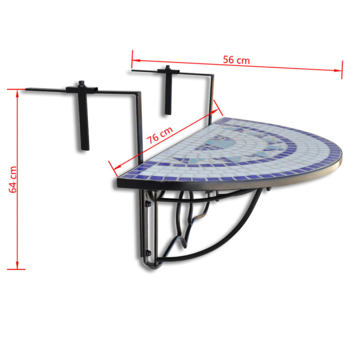 Pakabinamas balkono stalas, mėlynos ir baltos sp., mozaik.