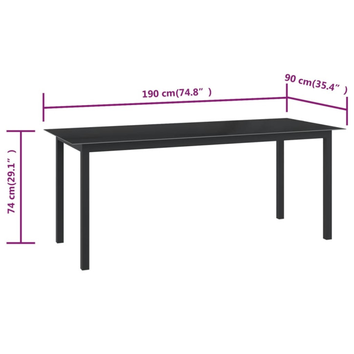 Sodo stalas, juodas, 190x90x74cm, aliuminis ir stiklas