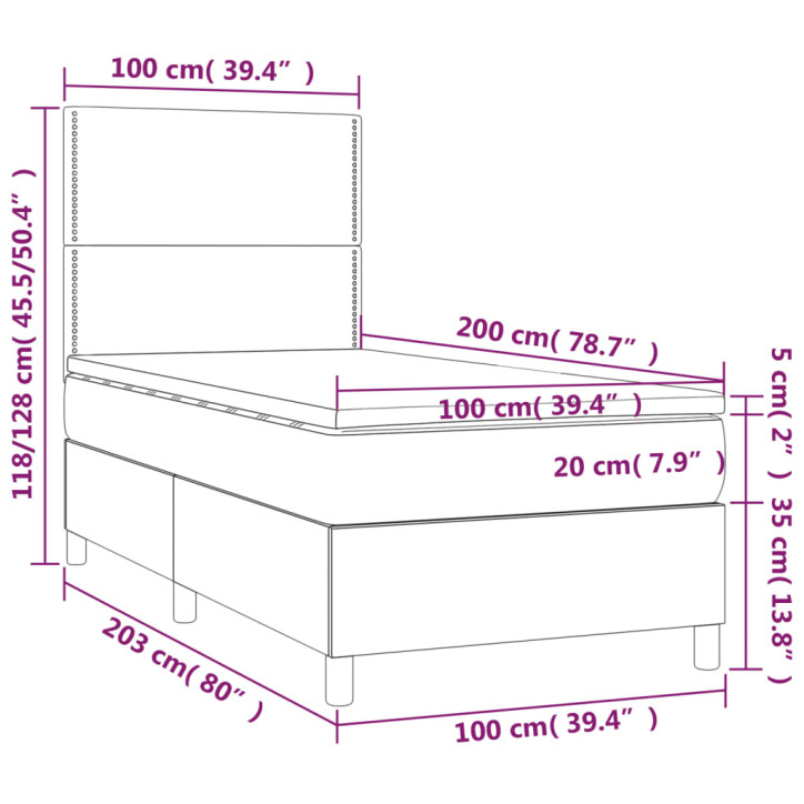 Lova su spyruoklėmis/čiužiniu/LED, juoda 100x200cm dirbtinė oda