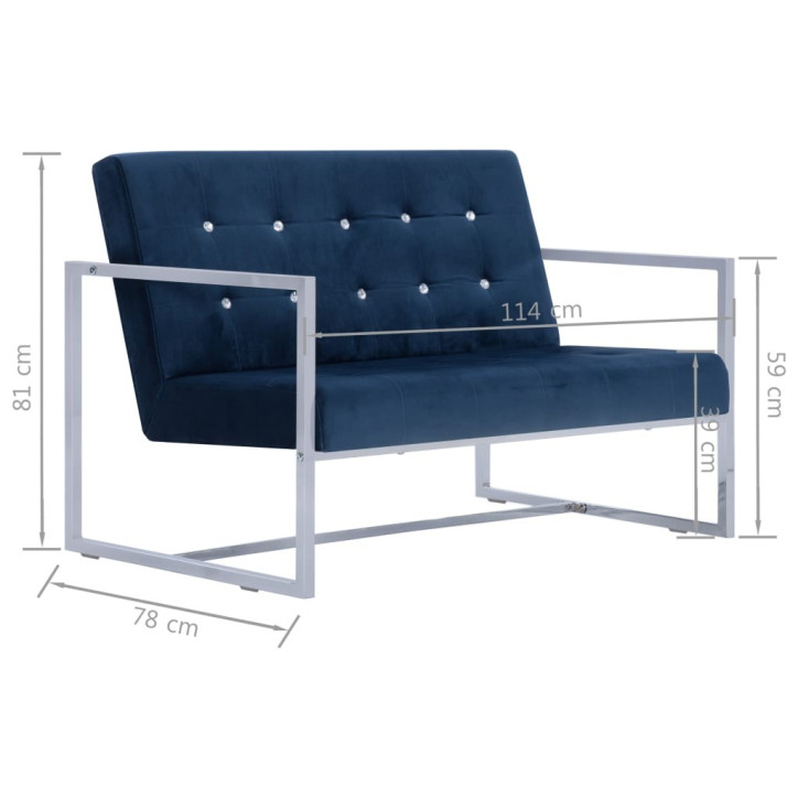 Dvivietė sofa su porankiais, mėlynos sp., chromas ir aksomas