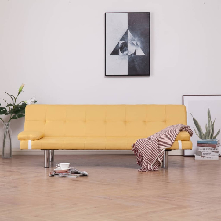 Sofa-lova su dviem pagalvėm, geltonos spalvos, poliesteris