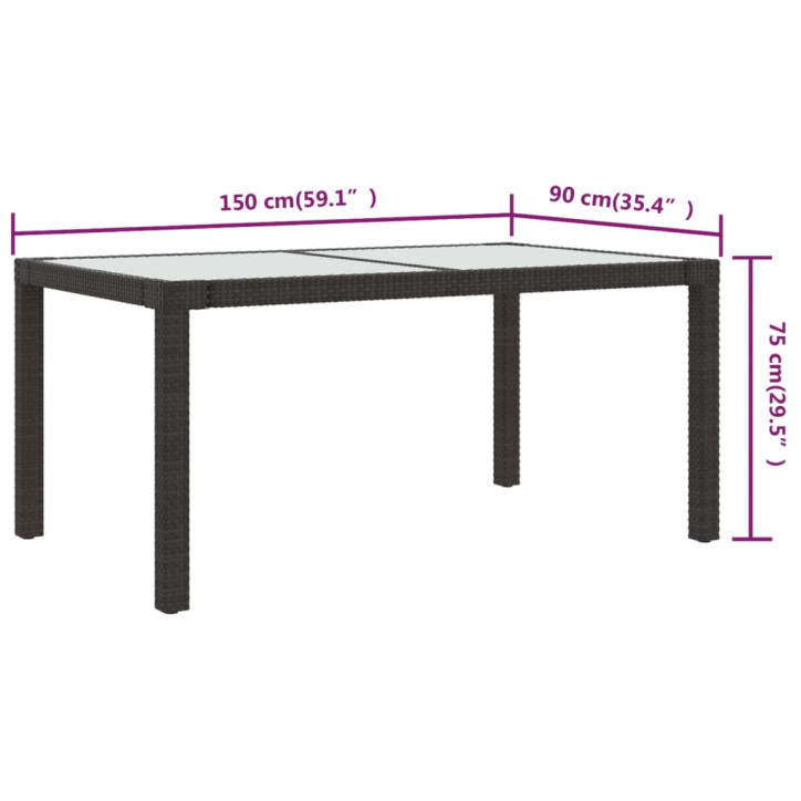 Sodo stalas, rudas, 150x90x75cm, grūdintas stiklas/poliratanas