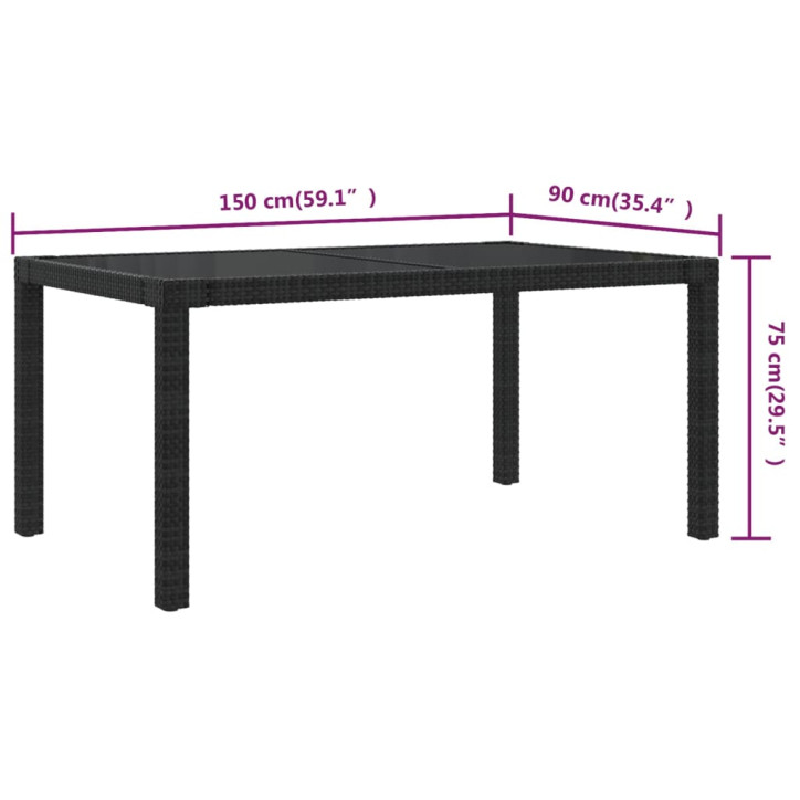 Sodo stalas, juodas, 150x90x75cm, grūdintas stiklas/poliratanas