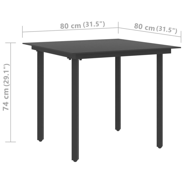 Sodo valgomojo stalas, juodas, 80x80x74cm, plienas ir stiklas