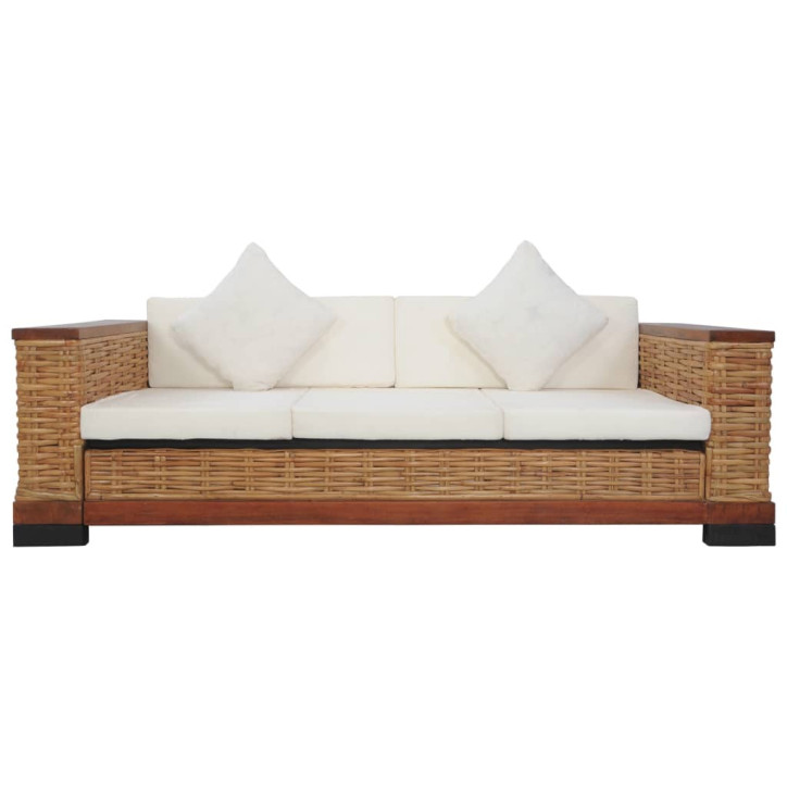 Trivietė sofa su pagalvėlėmis, rudos sp., natūralus ratanas