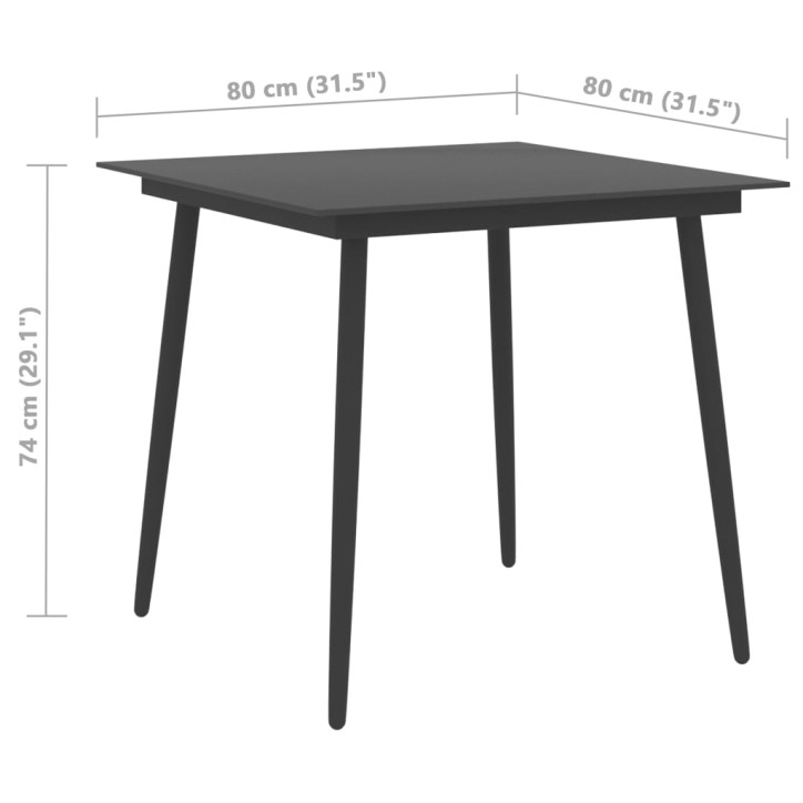 Sodo valgomojo stalas, juodas, 80x80x74cm, plienas ir stiklas