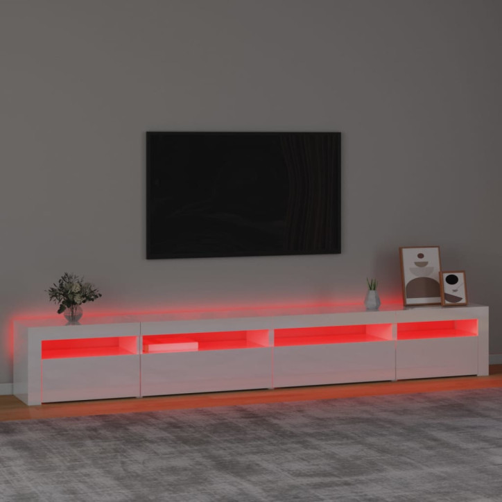 TV spintelė su LED apšvietimu, balta, 270x35x40cm, blizgi