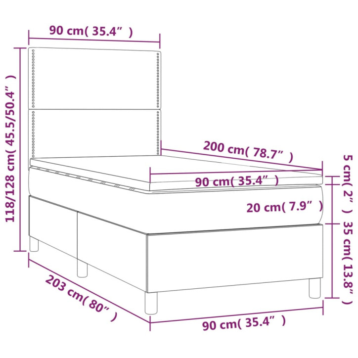 Lova su spyruoklėmis/čiužiniu/LED, pilka, 90x200cm dirbtinė oda